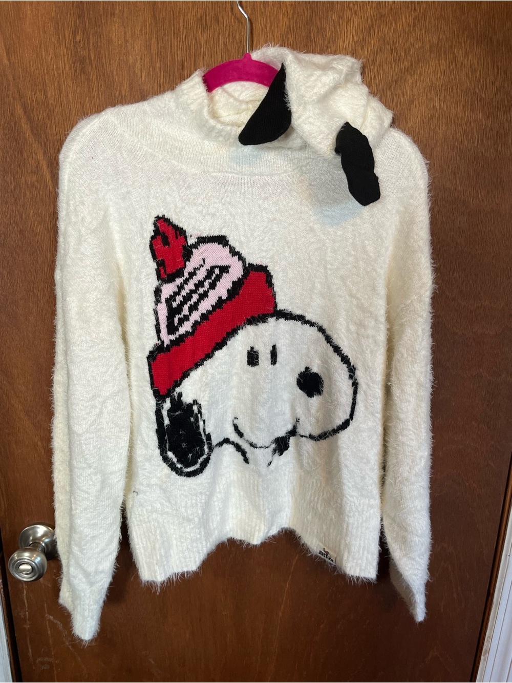 Justice Cream Fuzzy Snoopy Turtleneck Sweater with Red & Pink Hat